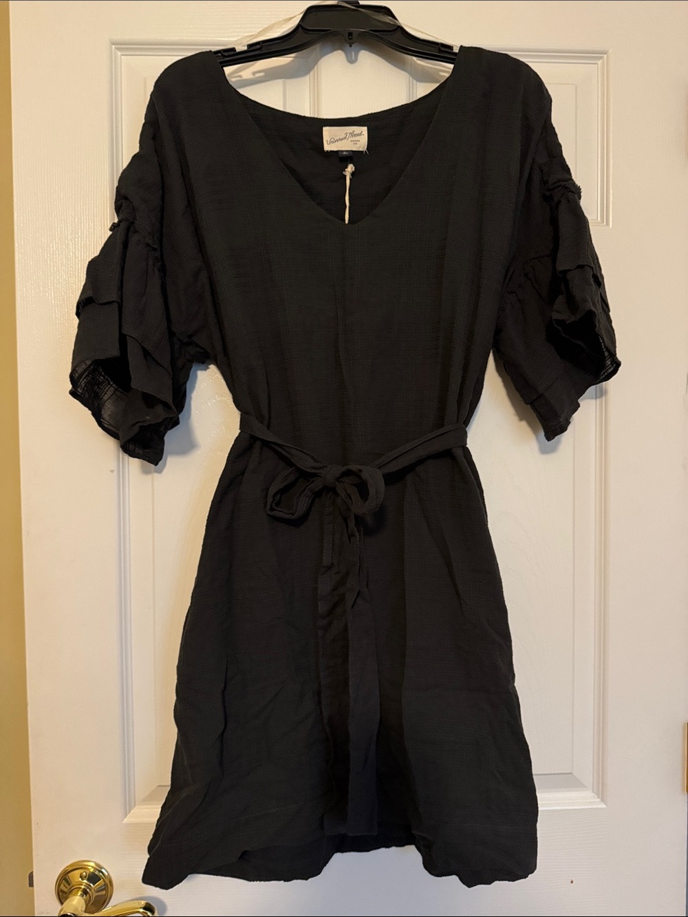 NWT Women's Black Tie-Waist Ruffle Sleeve Dress Lightweight Breathable Casual